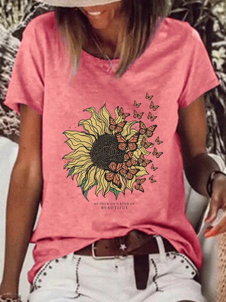 

Vintage Sunflower Casual Loose Text Letters T-Shirt, Pink, T-shirts