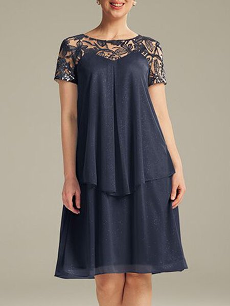 

Chiffon Plain Lace Elegant Dress, Dark blue, Dresses