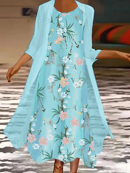 

Floral Printed Round Neck Long Casual Sky Blue Dress-Two Piece Set, Maxi