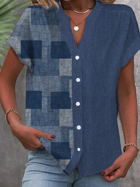 

Shirt Collar Short Sleeve Plaid Regular Loose Blouse For Women, Blue, Shirts