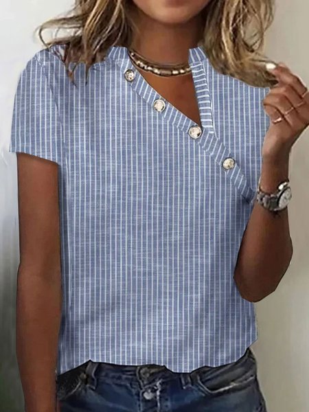 

Casual Striped Asymmetrical Collar Short Sleeve T-shirt, Blue, T-shirts