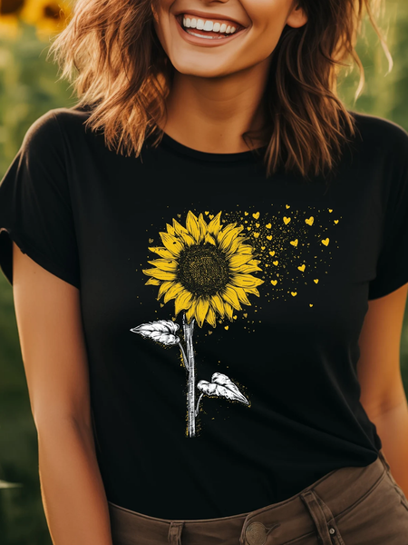 

Sunflower Butterfly Crew Neck Cotton Casual T-Shirt, Black, T-shirts