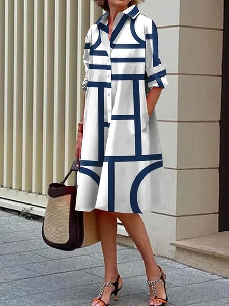 

Versatile Classic Button-Front Midi Shirt Dress with Pocket, White-blue, Midi Dresses