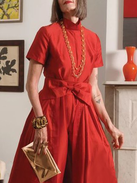 

Plain Stand Collar Urban Regular Fit Shirt, Red, Blouses and Shirts