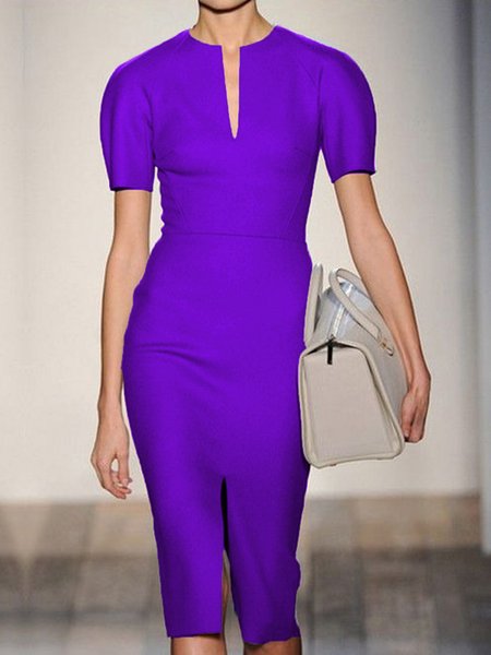 

Plain Regular Fit Elegant V Neck Dress, Purple, Midi Dresses