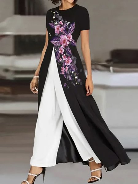 

Plus size Casual Floral Two-Piece Set, Black-white, Suit Set