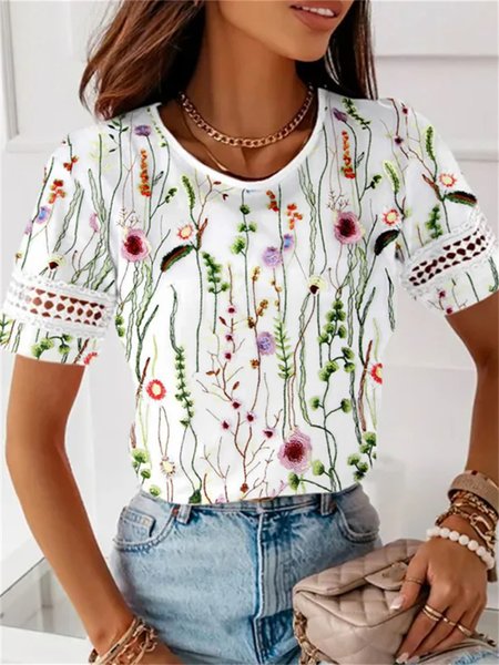 

Floral Lace Casual T-Shirt, White, T-Shirts