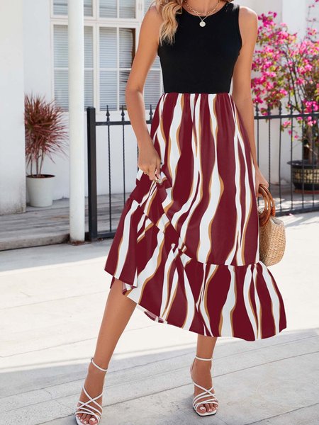 

Women Color Block Crew Neck Sleeveless Comfy Vacation Maxi Dress, Wine red, Maxi