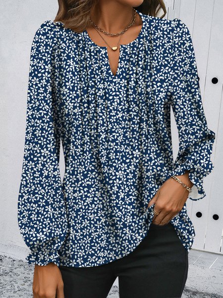 

Notched Long Sleeve Floral Regular Loose Shirt For Women, Blue, Blouses