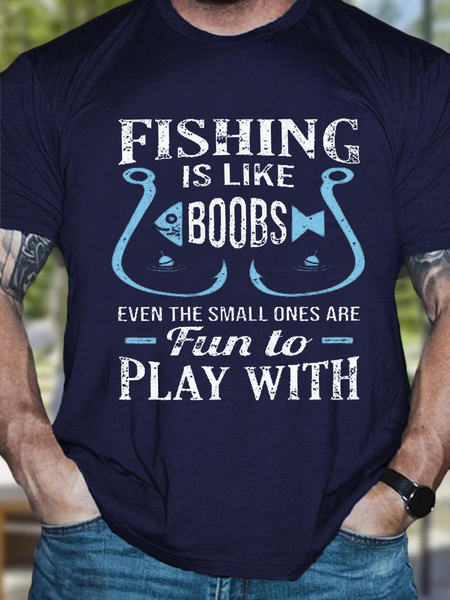 

Funny Fishing Text Letters Casual Crew Neck Cotton T-Shirt, Dark blue, T-shirts