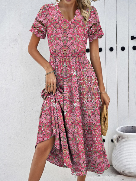 

Women Small Floral Lace Collar Short Sleeve Comfy Casual Midi Dress, Pink, Floral Dresses