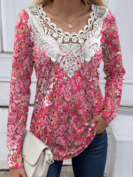 

Casual Small Floral V Neck Long Sleeve T-shirt, Red, T-shirts
