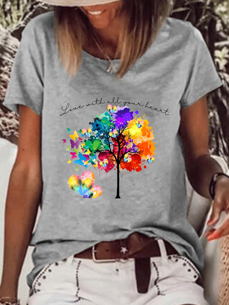 

Vibrant Rainbow Tree Text Letters Casual T-Shirt, Gray, T-shirts