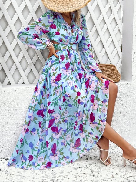 Women Floral V Neck Long Sleeve Comfy Boho Maxi Dress, Blue, Maxi