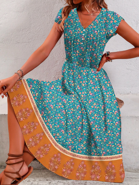 

Women Floral V Neck Short Sleeve Comfy Casual Midi Dress, Green, Maxi