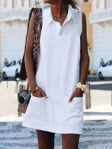 

Simple Plain Loose Shirt Collar Linen Style Dress, White, Mini Dresses
