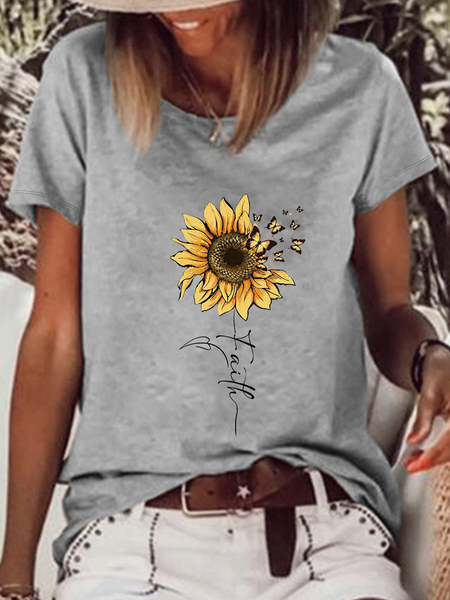 

Christian Sunflower Graphic Text Letters Casual T-Shirt, Gray, T-shirts