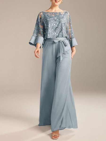 

Crew Neck Elegant Lace Matching Outfit, Blue, Suit Set