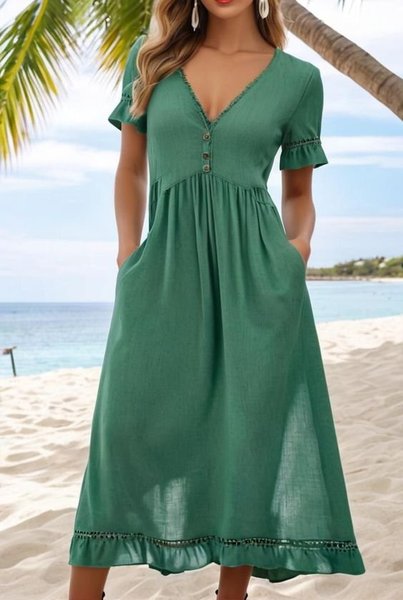 

Linen Blend V Neck Plain Casual Dress, Green, Dresses