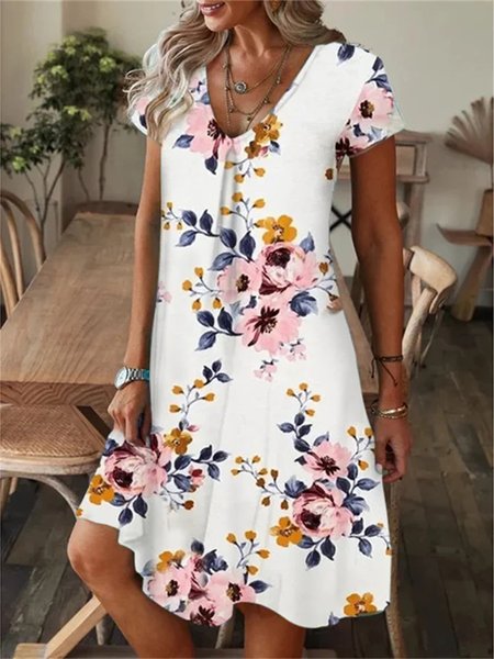 

Floral Elegant V Neck Loose Dress, Pink, Dresses