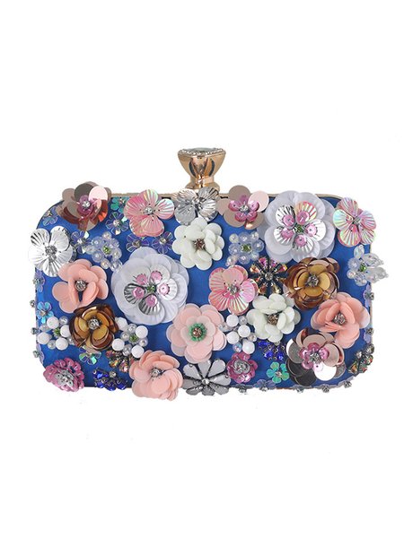 

Elegant Floral Beaded Clutch Bag with Crossbody Chain Strap, Blue, Women's Bags
