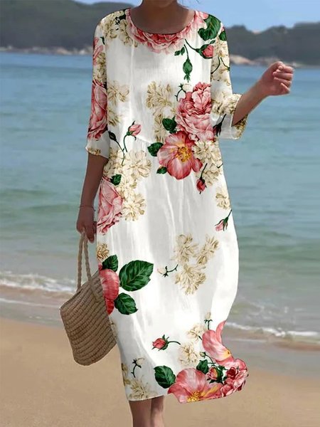 

Floral Crew Neck Vacation Dress, White, Dresses