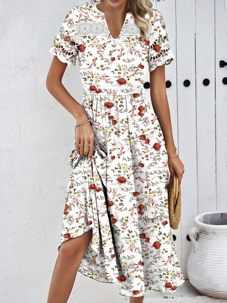 

Women Floral V Neck Short Sleeve Comfy Casual Midi Dress, White, Floral Dresses