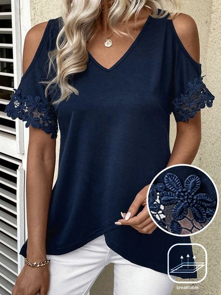 Women's Short Sleeve Tee T-shirt Summer Plain Lace V Neck Casual Top, Blue, T-Shirts