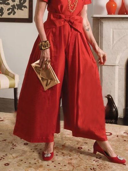 

Loose Plain Urban Wide leg Pants, Red, Pants