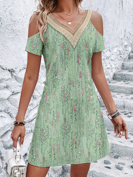 

Women Plain V Neck Short Sleeve Comfy Boho Short Dress, Green, Short