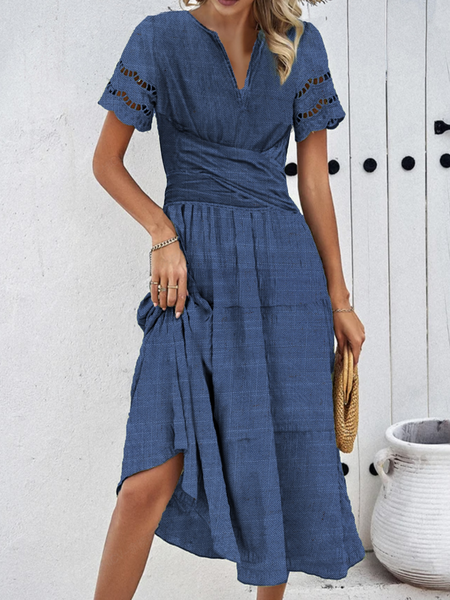 

Women Plain V Neck Short Sleeve Comfy Casual Short Dress, Blue, Midi
