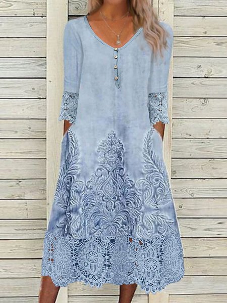 

Plus Size Random Print Loose Lace Casual Dress, Blue, Dresses
