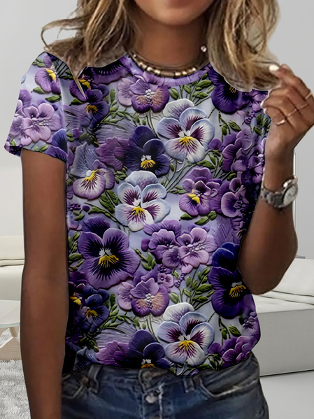 

Simple Floral Crew Neck Regular Fit T-Shirt, Purple, T-shirts