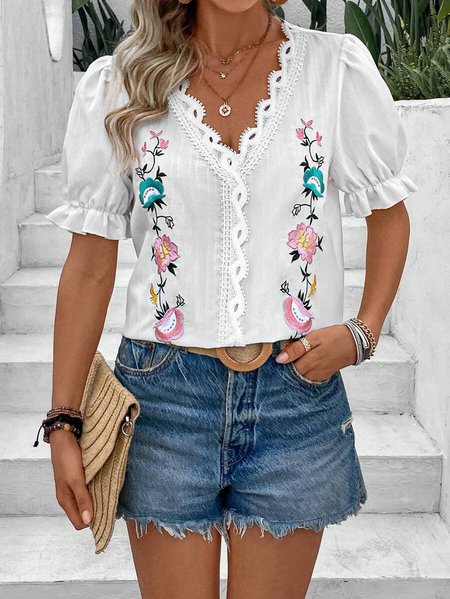 

Casual Loose V Neck Floral Shirt, White, Shirts & Blouses