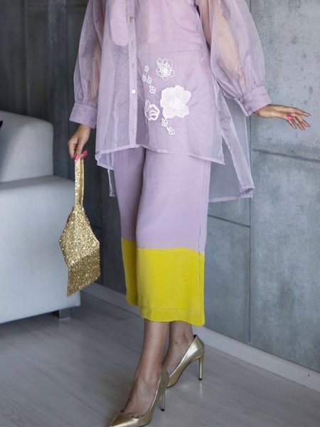 

Elegant Color Block Regular Fit Pants, Purple, Pants