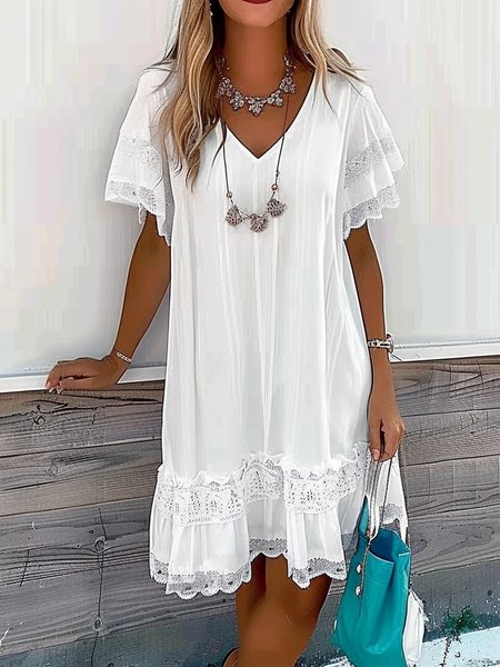 

V Neck Casual Plain Loose Dress, White, Dresses