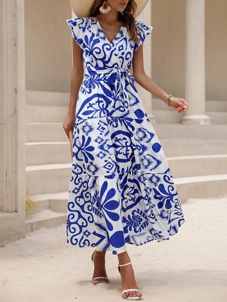 

Blue Floral Vacation Regular Fit Dress With Belt, Maxi Dresses