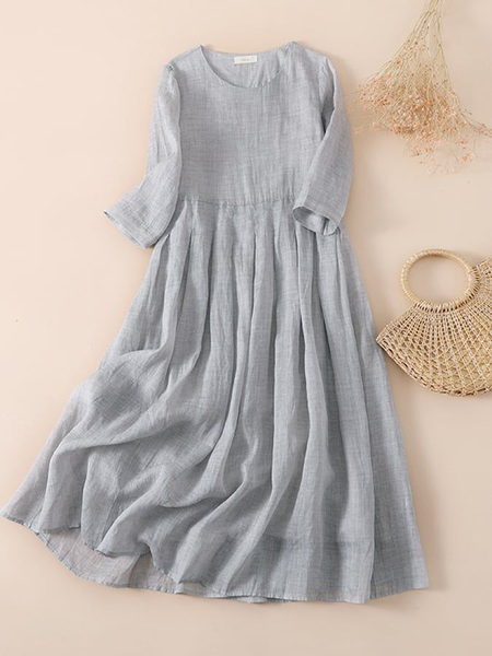 

Crew Neck Simple Linen Style Dress, Gray, Midi Dresses