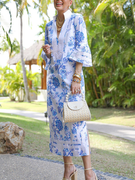 

Plus Size Stand Collar Vacation Floral Midi Dress With No Belt, Blue, Plus Dresses