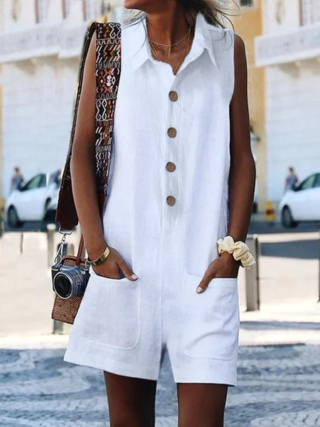

Plain Linen Style Shawl Collar Simple Jumpsuit, White, Suits