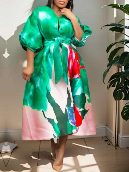 

Elegant Satin Half Sleeve Floral Dress With Belt, Green, Maxi Dresses