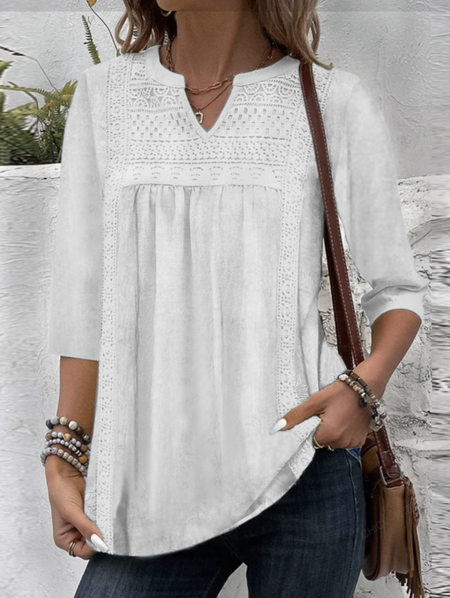 

V Neck Casual Plain Loose Linen Style Blouse, White, Blouses & Shirts