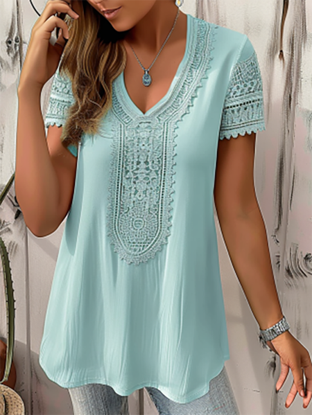 

Plain Lace Edge Casual T-Shirt, Aqua, T-Shirts