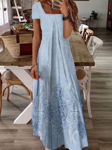 

Women's Short Sleeve Summer Abstract Dress Square Neck Daily Going Out Casual Maxi A-Line T-Shirt Dress, Blue, Dresses
