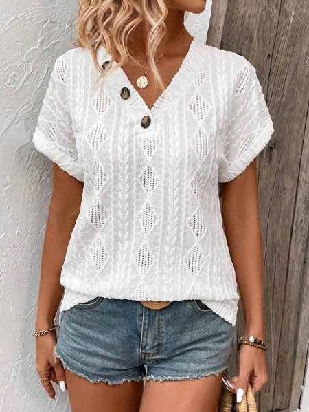 

Loose Casual V Neck Plain T-Shirt, White, T-Shirts