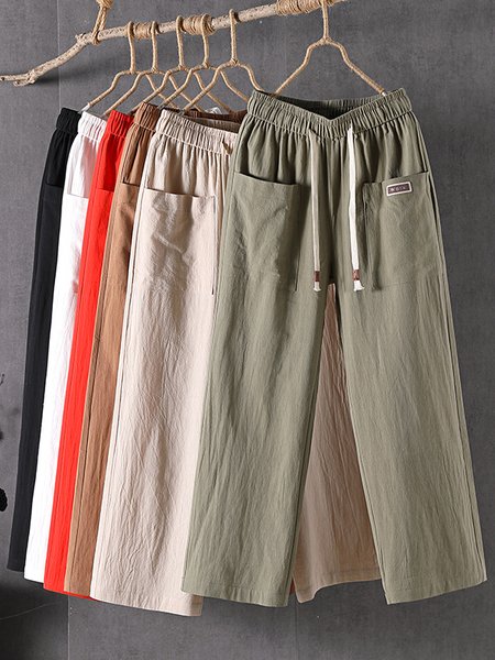 

Casual Plain Cotton And Linen Pants, Green, Pants