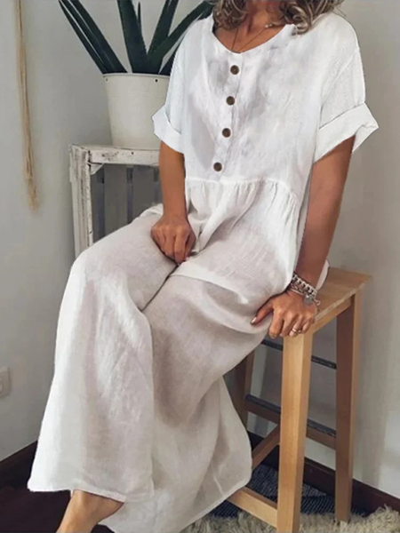 

Loose Plain Simple Crew Neck Linen Style Dress, White, Maxi Dresses