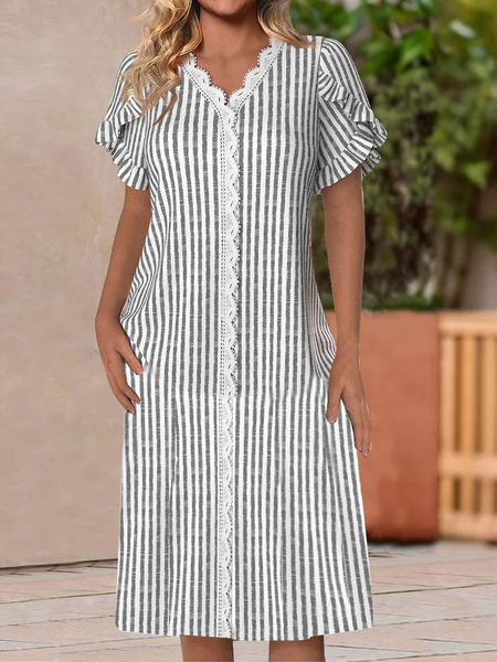 

Simple Loose Striped Linen Style Dress, Gray, Midi Dresses