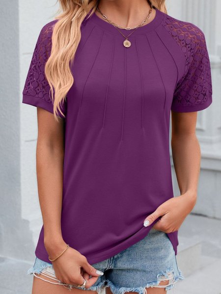

Casual Plain Crew Neck Short Sleeve T-shirt, Purple, T-shirts