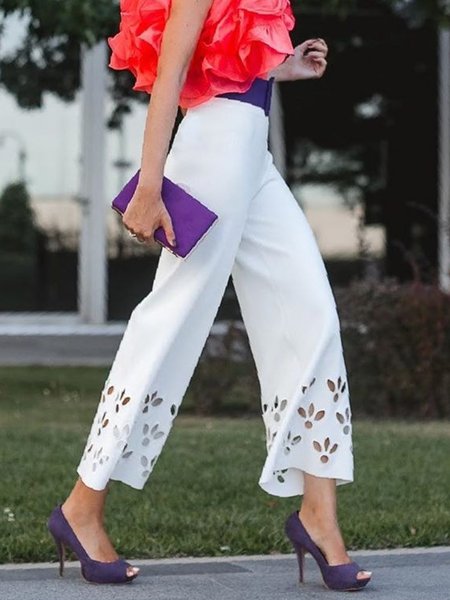 

Regular Fit Elegant Plain Fashion Pants, White, Pants